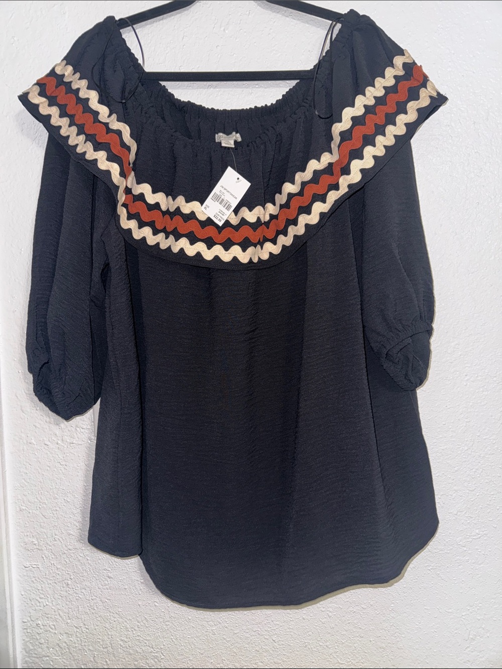 Cato Black Peasant Blouse with Red and Cream Rickrack Trim
